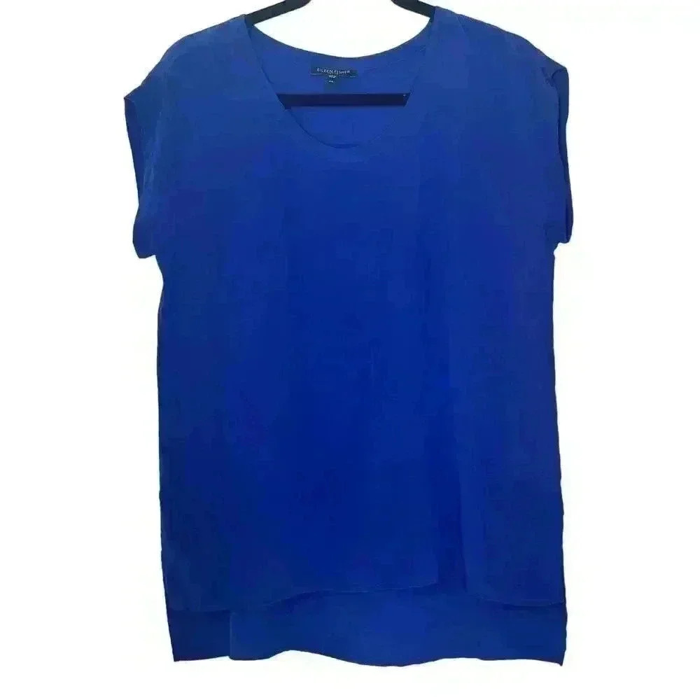 EILEEN FISHER Blue Silk Crepe Oversized Fit Short Sleeve Box Top Women’s PS